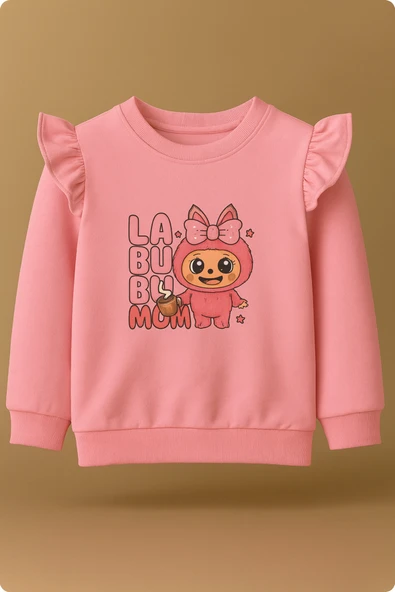 ESİLA KİDS Kız Çocuk Takım Pembe Labubu Baskılı Fırfırlı Sweatshirt ve Eşofman Altı Takım 5-8 yaş - Resim 11