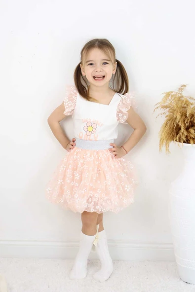 ESİLA KİDS Kız Çocuk Takım Tüllü Balon Etek Ve Üst 2'li Baskılı Kolları Fırfırlı Takım 3-6 Yaş - Resim 5