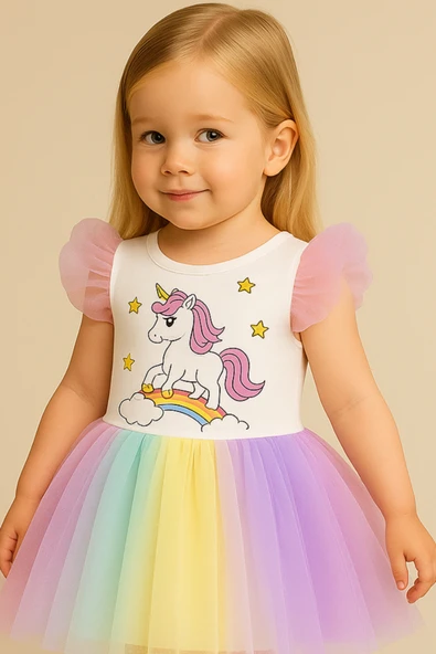 ESİLA KİDS Kız Çocuk Unicorn Elbise Tüllü Elbise Rengarenk Doğum Günü Ve Parti Elbisesi 1-9 Yaş - Resim 4