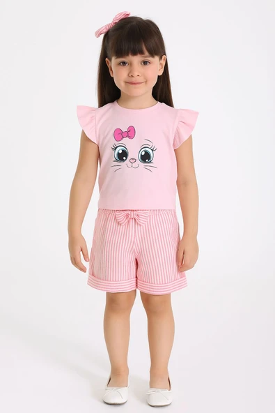 ESİLA KİDS Kız Çocuk Fiyonklu Şortlu Takım Yazlık Pamuklu Sevimli Baskılı 2'li Takım 2-5 Yaş - Resim 5