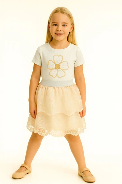 ESİLA KİDS Kız Çocuk Takım Çiçek Nakışlı Tişört ve Kat Kat Dantel Etekli - Resim 8
