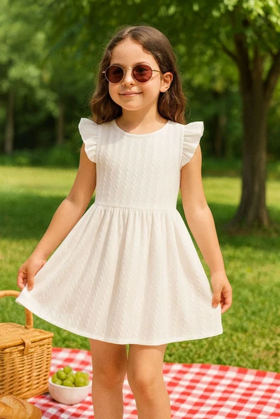 ESİLA KİDS Kız Çocuk Elbise Beyaz Renk Tüllü Kolsuz Elbise Fırfır Detaylı Yazlık Şık Elbise 2-7 Yaş - Resim 2