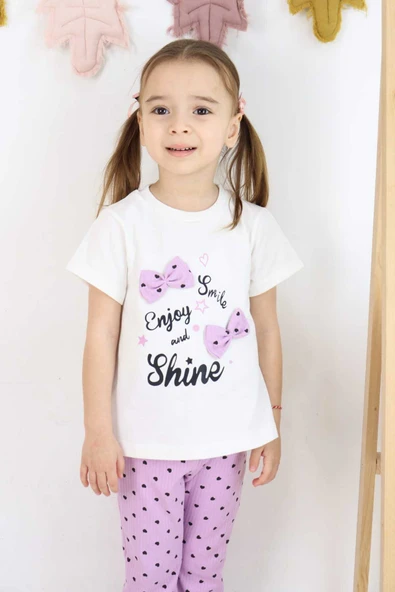 ESİLA KİDS Kız çocuk kalp baskılı taytlı üstü baskılı fiyonk detaylı alt üst takım ürün görseli