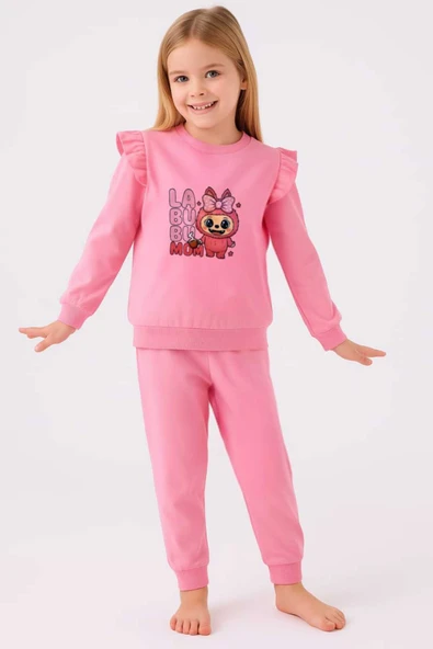 ESİLA KİDS Kız Çocuk Takım Pembe Labubu Baskılı Fırfırlı Sweatshirt ve Eşofman Altı Takım 5-8 yaş - Resim 10