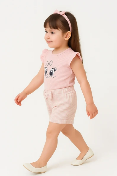ESİLA KİDS Kız Çocuk Fiyonklu Şortlu Takım Yazlık Pamuklu Sevimli Baskılı 2'li Takım 2-5 Yaş - Resim 10