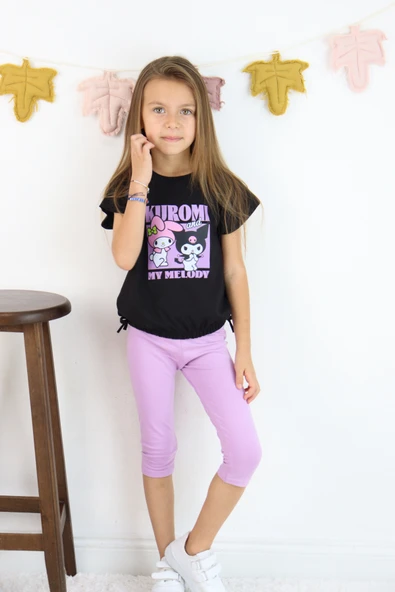 ESİLA KİDS Kız Çocuk Takım Kuromi Baskılı Siyah Tişört 2Li Tayt Takım Yazlık Günlük Kombin 3-7 yaş - Resim 9