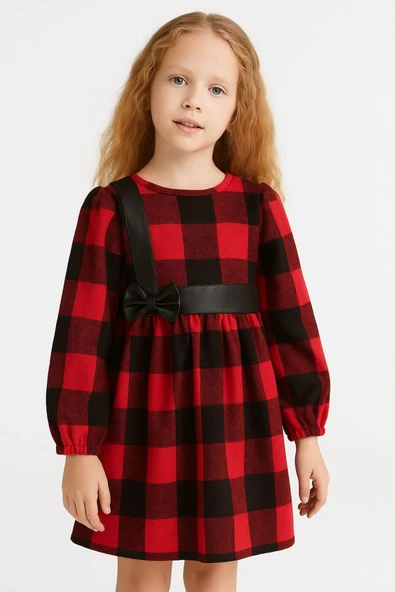 ESİLA KİDS Kız Çocuk Elbise Kırmızı Siyah Ekose Desen Kuşak ve Fiyonk Deri Detaylı Uzun Kollu 3-8 yaş ürün görseli