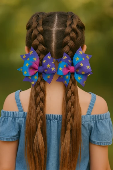 ESİLA KİDS Kız Çocuk Toka Yıldız Desenli Renkli Fiyonk 2’li Set Saç Aksesuarı