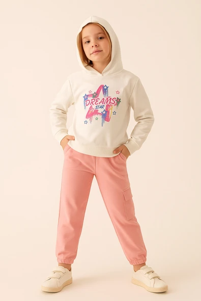 ESİLA KİDS Kız Çocuk Takım Kapüşonlu Sweatshirt ve Kargo Cepli Eşofman Altı 2’li Spor Kombin 4-8 yaş - Resim 9