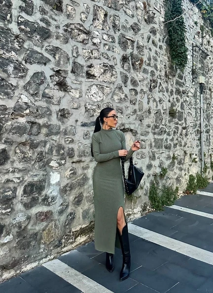 Yırtmaçlı kalın bürümcük uzun elbise Yeşil - 4