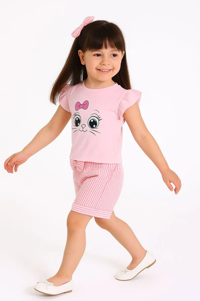 ESİLA KİDS Kız Çocuk Fiyonklu Şortlu Takım Yazlık Pamuklu Sevimli Baskılı 2'li Takım 2-5 Yaş - Resim 6