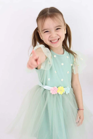 ESİLA KİDS Kız Çocuk Elbise Kemerli Kolu Fırfırlı Tüllü Elbise Astarı Penye Özel Günler Için 2-6 Yaş - Resim 10