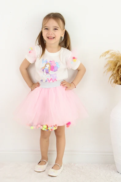 ESİLA KİDS Kız Çocuk Yazlık 2'li Takım - Tül Etek & Kısa Kollu Badi - Doğum Günü Parti Kıyafeti 3-6 Yaş ürün görseli