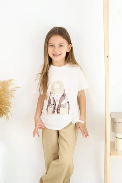 ESİLA KİDS Kız Çocuk Takım Şapkalı Kız Baskılı Tişört Ve Bej Bol Paça Pantolon Alt Ve Üst Takım 6-13 Yaş - 5