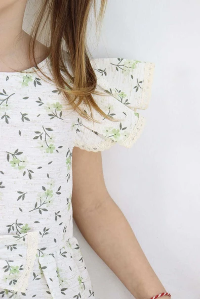 ESİLA KİDS Kız Çocuk Elbise Bayramlık Elbise Çiçek Desenli Fiyonk Detaylı Büzgülü Kollu 3-6 Yaş - Resim 3