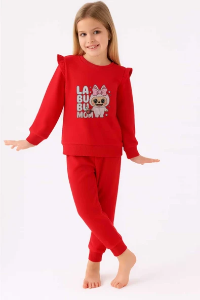 ESİLA KİDS Kız Çocuk Takım Pembe Labubu Baskılı Fırfırlı Sweatshirt ve Eşofman Altı Takım 5-8 yaş - Resim 7