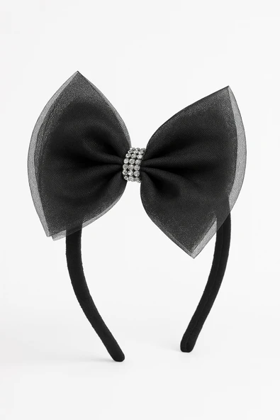 ESİLA KİDS Kız Çocuk Taç Siyah Taş Detaylı Büyük Fiyonk Tül Model – Şık ve Zarif Saç Aksesuarı ürün görseli