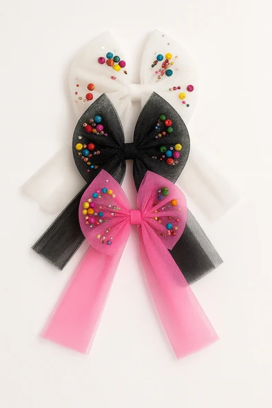 ESİLA KİDS Kız Çocuk Toka Renkli Boncuklu Tül Fiyonk Lastikli Toka 3 'lü Set - 3