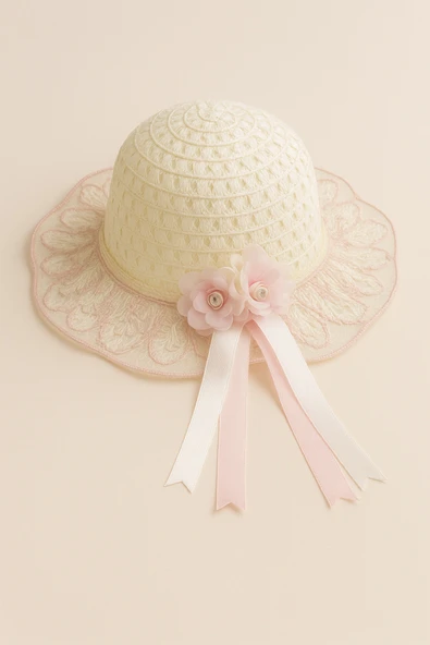 ESİLA KİDS Kız Çocuk Pembe Fiyonklu Yazlık Hasır Şapka İnci ve Boncuk Süslemeli 3-8 Yaş ürün görseli