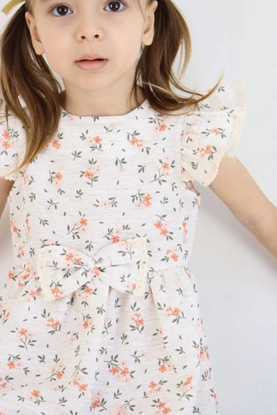 ESİLA KİDS Kız Çocuk Elbise Bayramlık Elbise Çiçek Desenli Fiyonk Detaylı Büzgülü Kollu 3-6 Yaş - Resim 8