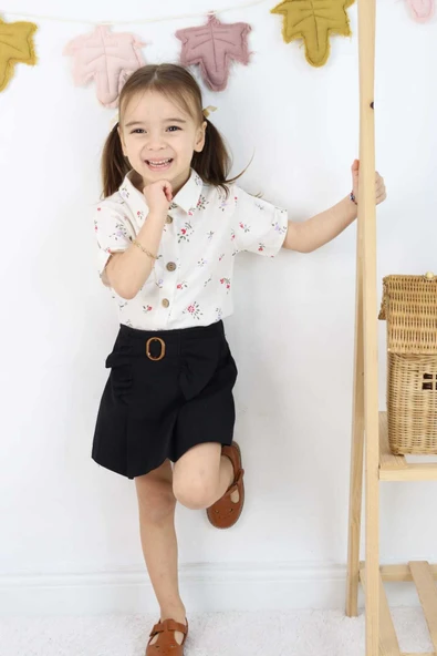 ESİLA KİDS Kız Çocuk Etekli Şortlu Takım Bayramlık Çiçek Desenli Gömlek 3-6 Yaş - 3