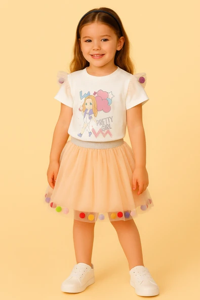 ESİLA KİDS Kız Çocuk Yazlık 2'li Takım - Tül Etek & Kısa Kollu Badi - Doğum Günü Parti Kıyafeti 3-6 Yaş - Resim 6