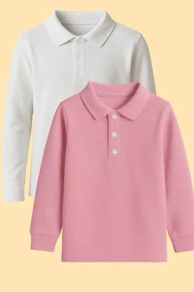 ESİLA KİDS Çocuk Tişört 2'li Uzun Kollu Polo Yaka Tişört Seti - Pamuklu Okul Üniforma - 5-14 Yaş