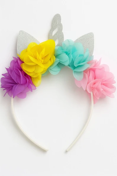 ESİLA KİDS Kız Çocuk Unicorn Taç Renkli Çiçekli ve Simli Boynuzlu Parti Saç Aksesuarı ürün görseli