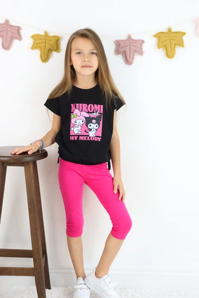 ESİLA KİDS Kız Çocuk Takım Kuromi Baskılı Siyah Tişört 2Li Tayt Takım Yazlık Günlük Kombin 3-7 yaş - Resim 7