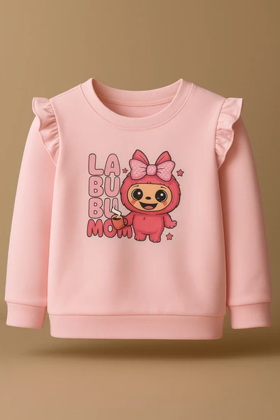 ESİLA KİDS Kız Çocuk Takım Pembe Labubu Baskılı Fırfırlı Sweatshirt ve Eşofman Altı Takım 5-8 yaş - Resim 2