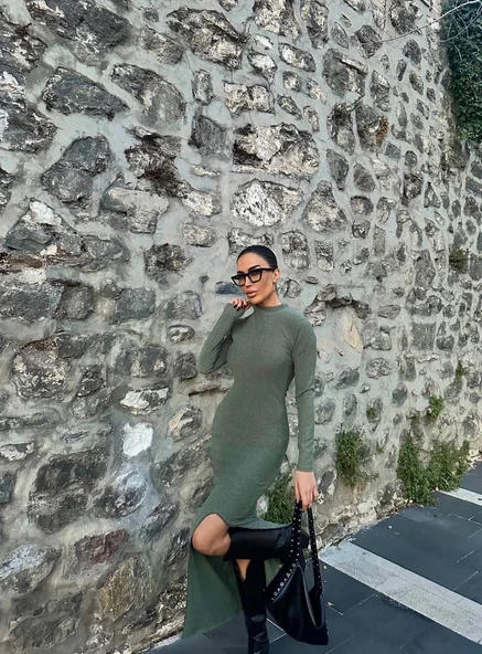 Yırtmaçlı kalın bürümcük uzun elbise Yeşil - 6