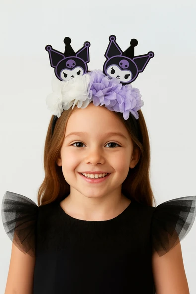 ESİLA KİDS Kız Çocuk Taç Kuromi Desenli Çiçek Süslemeli Mor Beyaz Taç - Resim 2