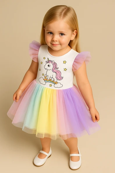 ESİLA KİDS Kız Çocuk Unicorn Elbise Tüllü Elbise Rengarenk Doğum Günü Ve Parti Elbisesi 1-9 Yaş - Resim 2