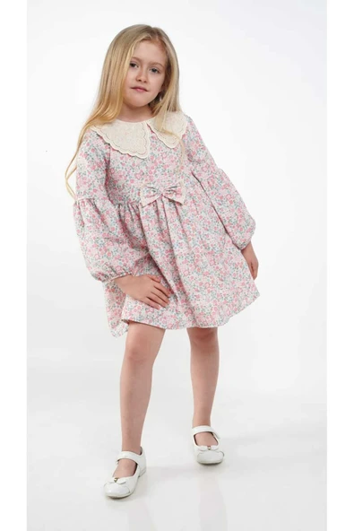 ESİLA KİDS Kız Çocuk Elbise Uzun Kollu Mevsimlik Çiçek Desenli Bebe Yaka Elbise 3-7 YAŞ - Resim 3