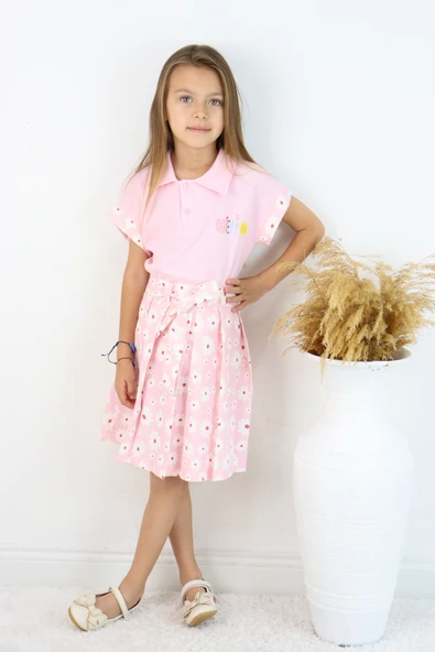 ESİLA KİDS Kız Çocuk Takım Polo Yaka Çiçek Desenli Kemerli Pileli Etek 2’li Takım Yazlık Kombin 4-8 yaş - 8