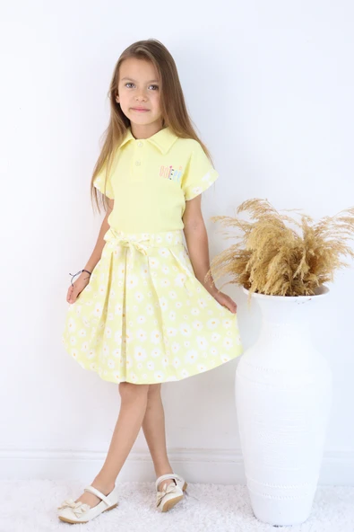 ESİLA KİDS Kız Çocuk Takım Polo Yaka Çiçek Desenli Kemerli Pileli Etek 2’li Takım Yazlık Kombin 4-8 yaş - 10