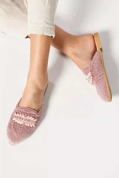 Önü Kapalı Taşlı Hasırlı Kadın Terlik Pembe TZL-P-00010906