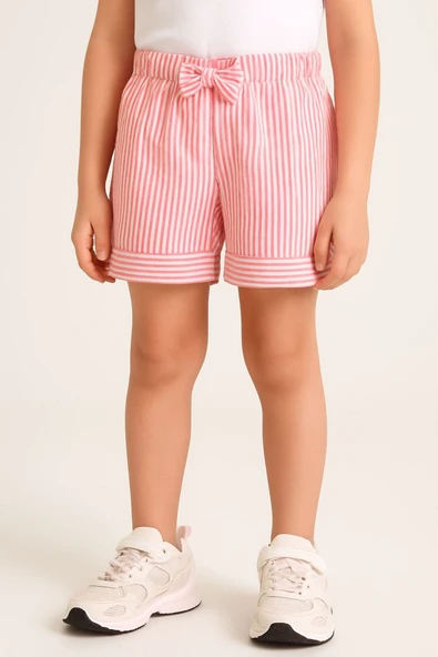 ESİLA KİDS Kız Çocuk Yazlık Şort Çizgili Fiyonklu Rahat Kesim Pamuklu Double Paçalı Bermuda Şort 3-6 yaş - Resim 6