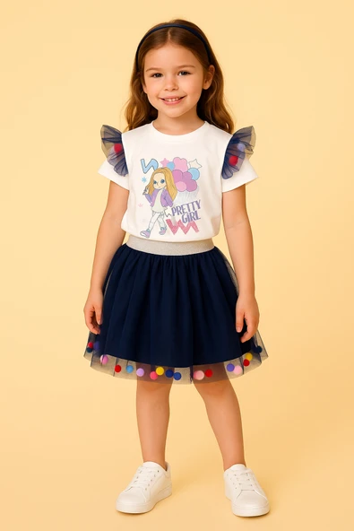 ESİLA KİDS Kız Çocuk Yazlık 2'li Takım - Tül Etek & Kısa Kollu Badi - Doğum Günü Parti Kıyafeti 3-6 Yaş - Resim 3