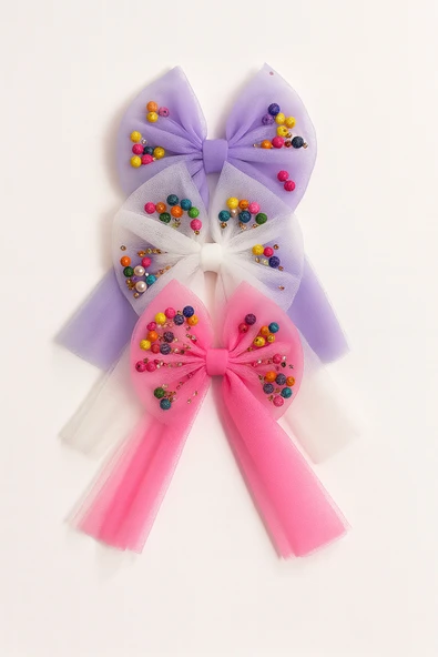 ESİLA KİDS Kız Çocuk Toka Renkli Boncuklu Tül Fiyonk Lastikli Toka 3 'lü Set - 5