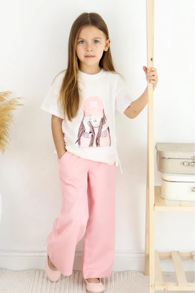 ESİLA KİDS Kız Çocuk Takım Şapkalı Kız Baskılı Tişört Ve Bej Bol Paça Pantolon Alt Ve Üst Takım 6-13 Yaş - 8