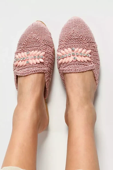 Önü Kapalı Taşlı Hasırlı Kadın Terlik Pembe TZL-P-00010906 - 2