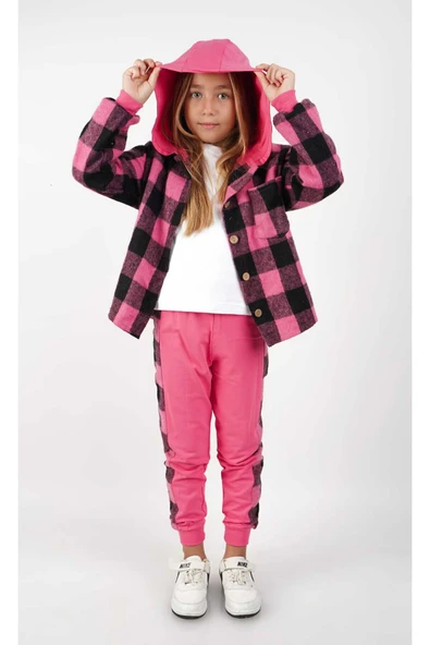 ESİLA KİDS Ekose Desenli Kız Çocuk Pamuklu Örme üçlü takım ürün görseli