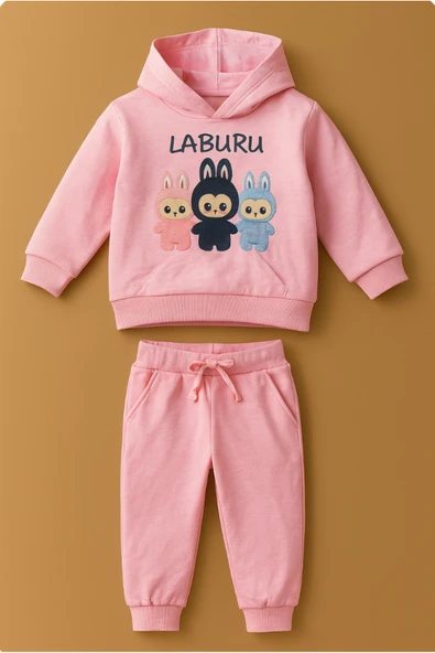 ESİLA KİDS Kız Çocuk Eşofman Takımı Labubu Takım Kapüşonlu Baskılı Sweatshirt ve Pantolon - 6