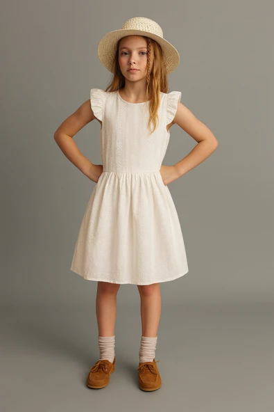 ESİLA KİDS Kız Çocuk Elbise Dantelli Kolsuz Yazlık Elbise Şapka Kombinli Plaj Takımı Ekru Günlük Elbise 2-7 Yaş ürün görseli