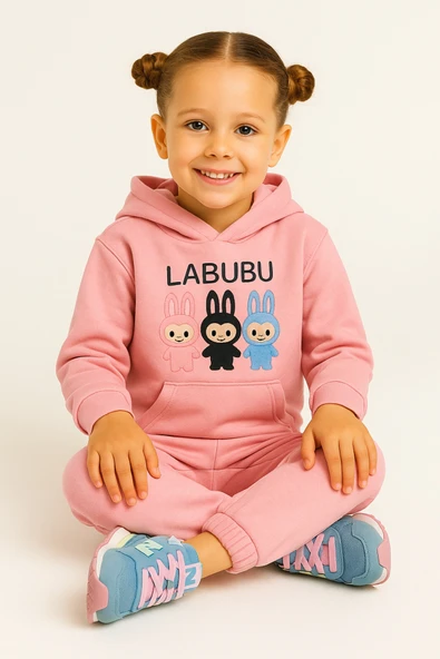 ESİLA KİDS Kız Çocuk Eşofman Takımı Labubu Takım Kapüşonlu Baskılı Sweatshirt ve Pantolon - 8