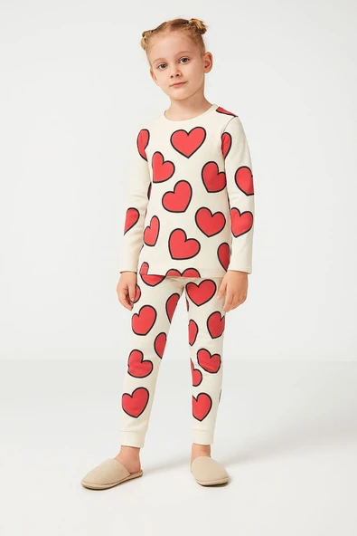 ESİLA KİDS Kız Çocuk Takım Kalp Desenli Uzun Kollu Pamuklu Kız Çocuk Pijama Takımı 2-6 yaş ürün görseli