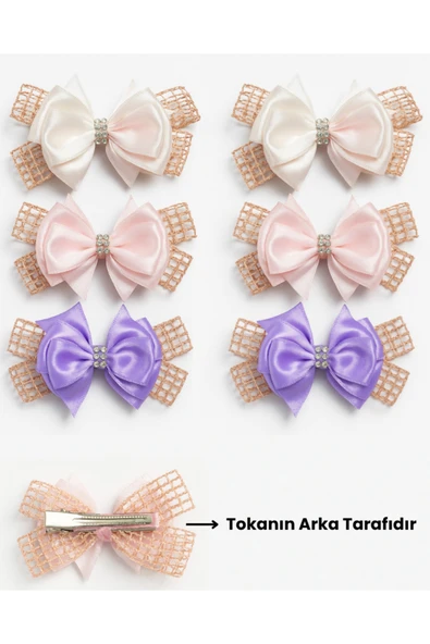 ESİLA KİDS Kız Çocuk Toka Seti 6'lı Pembe Beyaz Lila Renkli Toka Kurdeleli Taş Detaylı Çocuk Toka