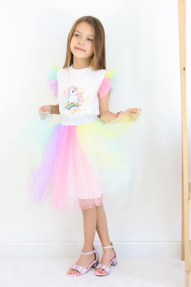 ESİLA KİDS Kız Çocuk Takım Unicorn Renkli Tütü Etekli Şık Takım Yazlık Parti Ve Doğum Günü Seti 3-6 Yaş - Resim 2