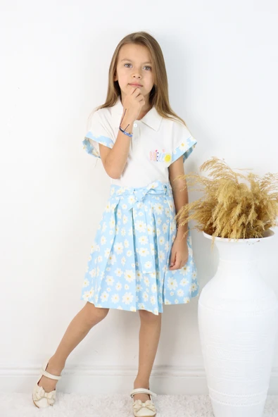 ESİLA KİDS Kız Çocuk Takım Polo Yaka Çiçek Desenli Kemerli Pileli Etek 2’li Takım Yazlık Kombin 4-8 yaş - 3